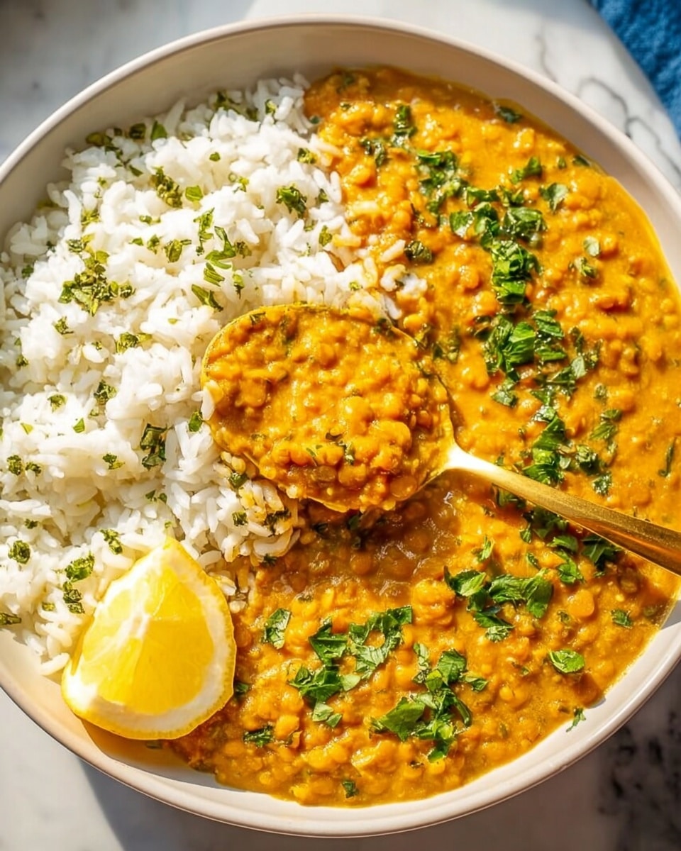 A white bowl filled with two main layers: on the left, fluffy white rice with a few green herb leaves scattered on top, and on the right, a thick, creamy orange curry sauce with visible small chunks and a slightly grainy texture, also sprinkled with chopped green herbs. A woman's hand holds a spoon lifting a scoop of the curry above a lemon wedge placed at the bottom right inside the bowl. The bowl sits on a white marbled surface with pieces of ginger, whole garlic cloves, a lemon, and a blue cloth nearby, adding a fresh and natural touch. photo taken with an iphone --ar 4:5 --v 7
