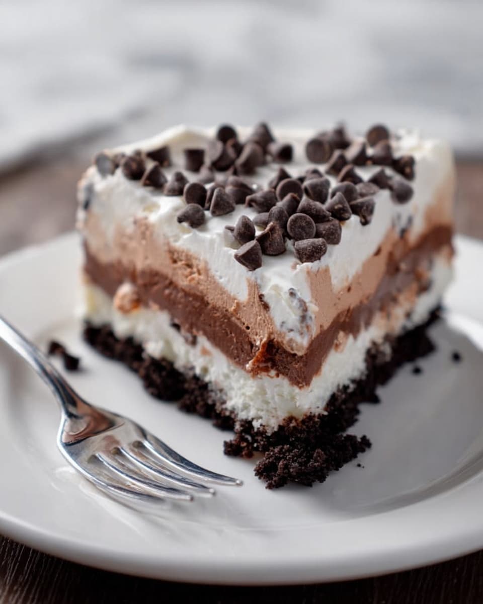 A square piece of layered dessert sits on a white plate on a white marbled surface. The dessert has four clear layers: a dark brown crumbly bottom layer, a light cream-colored second layer, a rich chocolate brown third layer with a swirled texture, and a fluffy white top layer covered with small dark chocolate chips scattered evenly. A silver fork rests next to the plate, and a blurry glass and coaster can be seen in the background. Photo taken with an iphone --ar 4:5 --v 7