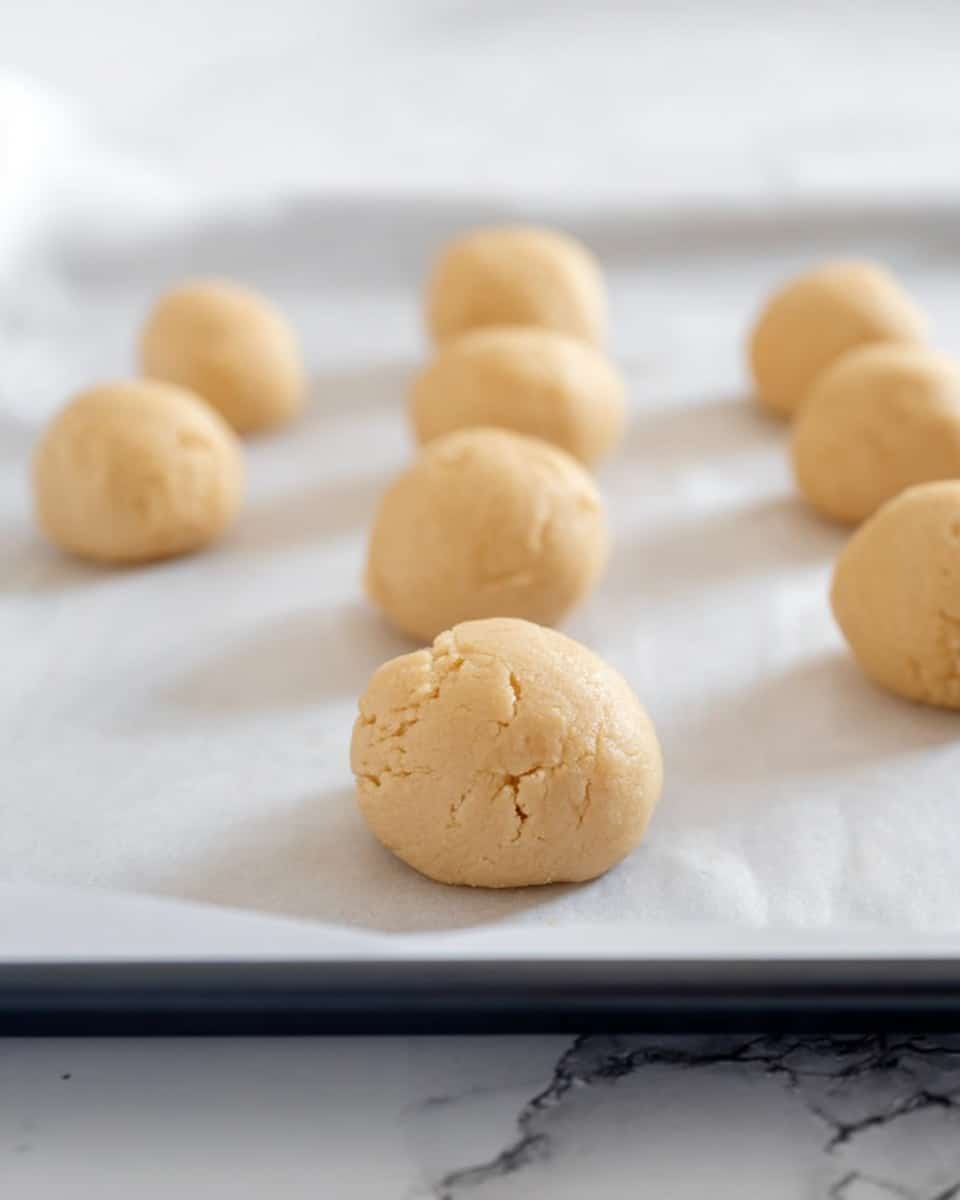 The image shows a baking tray with two rows of beige dough balls evenly spaced on a white parchment paper. The dough balls have a smooth texture with slight cracks and appear soft and raw. The tray is placed on a surface with a white marbled texture, which adds a clean and bright background. The dough balls are the focus, with the closest one sharp and the others progressively blurred in the back, creating depth. Photo taken with an iphone --ar 4:5 --v 7