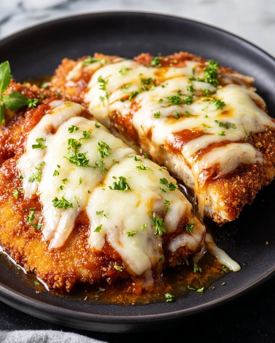 A crispy golden-brown fried cutlet forms the base layer, topped with a generous layer of melted, creamy white cheese that spreads unevenly, allowing the crust to peek around the edges. Over the cheese, there is a smooth layer of rich brown sauce drizzled softly, blending with the cheese surface. The dish is sprinkled with small bits of fresh green parsley, adding a pop of color on top. The food is placed on a round white plate set on a white marbled surface. In the background, small white bowls hold shredded lettuce and chopped herbs, slightly blurred. Photo taken with an iphone --ar 4:5 --v 7