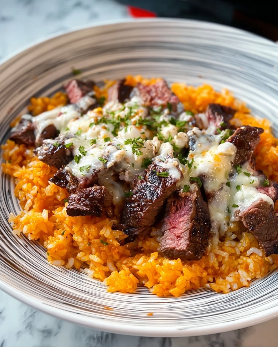 The dish shows a deep white plate filled with three layers. The bottom layer is bright orange rice mixed with small pieces of red peppers, covering the whole plate base. On top of the rice sits a layer of medium-rare grilled steak slices with a deep brown outside and a pink center, arranged in a rough circular pattern. The top layer features melted white and yellow cheese spread unevenly over the steak, with small green herbs sprinkled on top, adding fresh color. The entire dish is set against a white marbled texture background. photo taken with an iphone --ar 4:5 --v 7