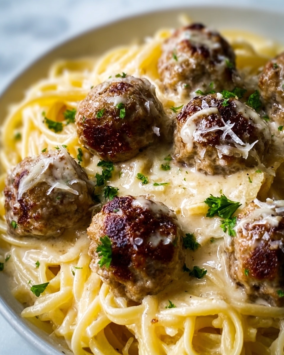 A close-up view of a dish showing five browned meatballs with a slightly crispy texture on top, sitting on a nest of creamy spaghetti pasta coated in a light cheese sauce. The meatballs are sprinkled with finely grated cheese and small green parsley leaves, giving a fresh contrast to the warm golden and brown tones. The pasta strands are lightly coated with sauce and appear soft and glossy, with some black pepper sprinkled throughout. The dish is set on a white plate, placed on a white marbled surface. Photo taken with an iphone --ar 4:5 --v 7