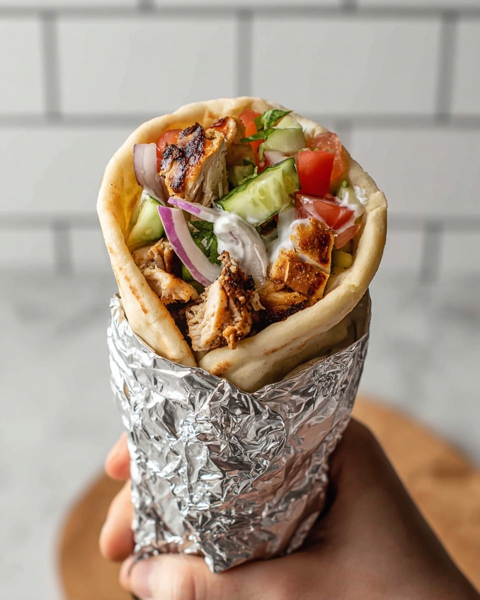 Three thick pita wraps partially wrapped in shiny silver foil lie stacked on a white plate with small speckles, set on a white marbled surface. Each pita contains a creamy white sauce spread as the base layer, topped with chunks of grilled chicken with a dark charred texture, bright red diced tomatoes, green cucumber pieces, and thin slices of purple onion. The layers are visible at the open ends of the pitas, showing a colorful mix of textures and freshness. photo taken with an iphone --ar 4:5 --v 7