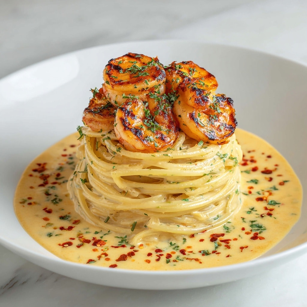 A tall, neat stack of creamy spaghetti forms the base layer, pale yellow in color with a smooth, glossy texture, coated evenly in a rich, light orange cream sauce sprinkled with red chili flakes and green herbs. On top sits a second layer composed of several plump, bright orange shrimp, charred slightly with visible black grill marks, glistening and sprinkled generously with chopped green herbs and spices. The sauce pools around the base of the pasta on a wide, shallow white bowl, set against a white marbled surface, adding extra creaminess and color contrast. photo taken with an iphone --ar 4:5 --v 7