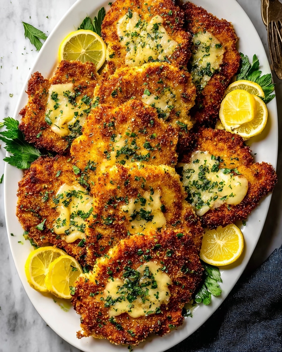 On a white plate, there are six golden brown breaded rounds, each showing a melted, creamy white cheese center with a slightly crispy texture. The breaded outer edges are thick and crunchy, with a rich toasted color. On top, small green herb pieces are sprinkled evenly, adding specks of fresh green. The plate is decorated with bright yellow lemon wedges placed around the edges, enhancing the dish visually and adding a touch of freshness. A few dark green basil leaves are scattered at the bottom and sides of the plate. The background is a white marbled surface. photo taken with an iphone --ar 4:5 --v 7