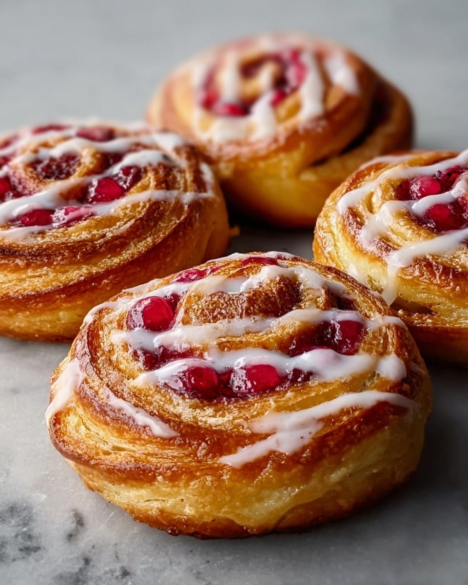 The image shows four pastries placed closely together on a white marbled surface. Each pastry has a visible spiral layered structure with a golden-brown flaky crust. In the center of each spiral is a filling of bright red berries, with a glossy texture. Drizzled on top is a smooth, white icing in thin lines that contrast the berry filling and crust. The pastries look fresh and soft with a slight shine on the surface, highlighting the texture of the layers. photo taken with an iphone --ar 4:5 --v 7
