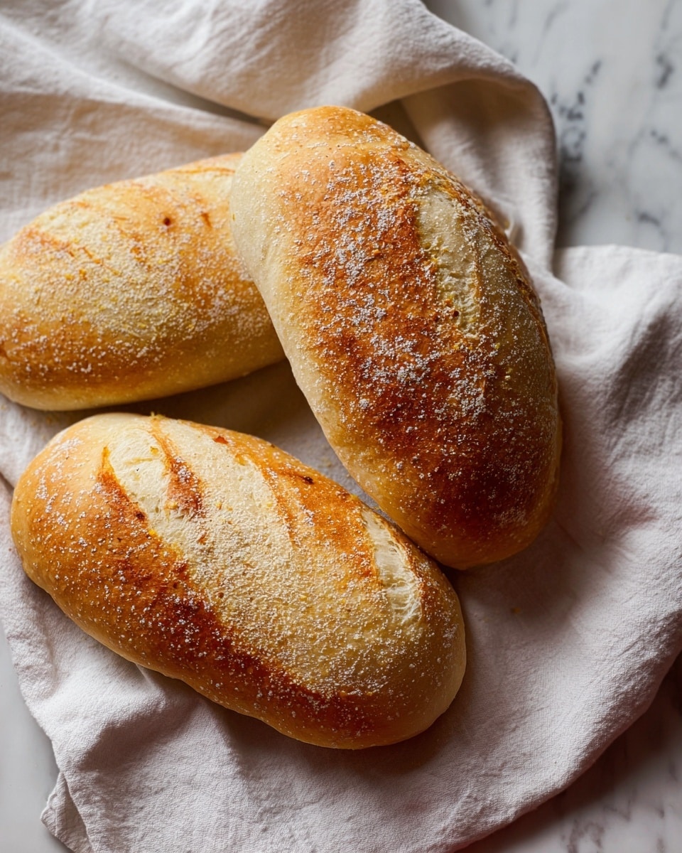 Four freshly baked oval bread loaves with a light golden crust and a dusting of yellow cornmeal on top are placed casually on a white textured cloth. The bread has a soft, slightly cracked surface with gentle browning, showing their warm, fluffy inside. The scene is set against a white marbled texture surface, adding a clean and elegant touch. photo taken with an iphone --ar 4:5 --v 7