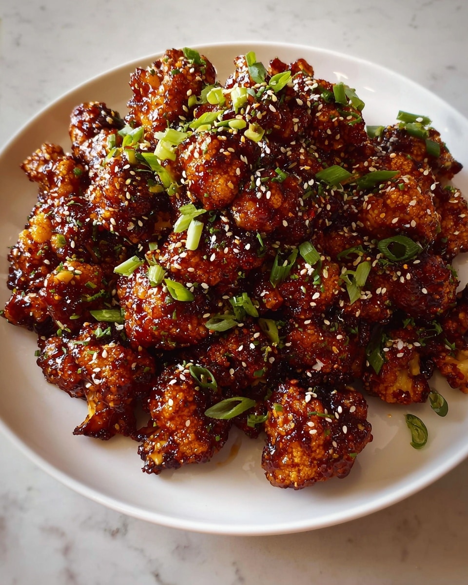 A white plate is filled with a pile of glazed cauliflower pieces, each covered in a shiny dark reddish-brown sauce. The cauliflower has a crispy texture under the sauce, and the dish is sprinkled with small white sesame seeds and bright green chopped scallions scattered evenly on top. The cauliflower pieces are tightly packed, creating a mound in the center of the plate, set against a white marbled background. photo taken with an iphone --ar 4:5 --v 7