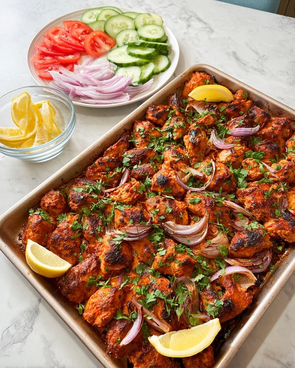 A woman's hand holds a pita pocket filled with three layers: the bottom layer is white creamy sauce, the middle layer has bright red tomato slices, and the top layer has small, grilled orange-brown pieces of chicken topped with fresh green parsley leaves. In the background, there is a flatbread on a baking tray covered with orange-brown grilled chicken pieces, scattered purple onion slices, and green herbs, with a yellow lemon wedge on the top right corner. Below, a white plate sits on a white marbled surface with a yellow lemon wedge and more green parsley leaves on it. photo taken with an iphone --ar 4:5 --v 7