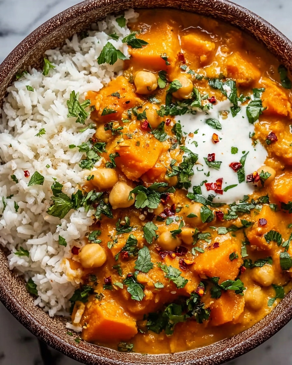 A white bowl filled with a thick orange curry that has chunks of bright orange sweet potatoes and beige chickpeas scattered throughout, mixed with dark green spinach leaves and topped with fresh green cilantro pieces and black pepper flakes. On one side, a neat portion of white rice is placed, sprinkled with red chili flakes and dried herbs. A silver spoon rests inside the bowl on the right side. The bowl is set on a white marbled surface, with parts of a silver spoon and a grey cloth partially visible around it. Photo taken with an iphone --ar 4:5 --v 7
