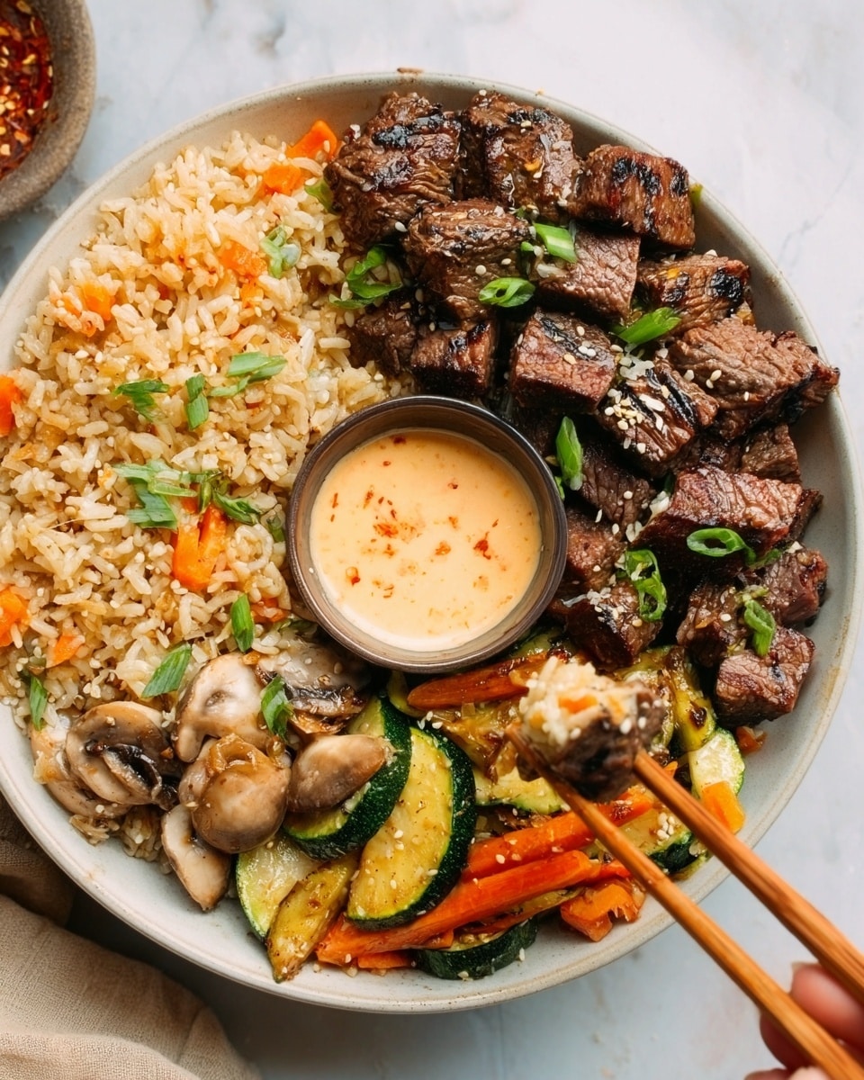 A close-up of a white bowl with three main parts: light brown fried rice with bits of green and yellow on the left side, dark brown grilled beef cubes topped with sesame seeds and drizzle of light tan sauce on the right side, and a small wooden bowl in the center filled with creamy light orange dipping sauce. A woman's hand holding wooden chopsticks dips a beef cube into the sauce. The background is a white marbled texture. Photo taken with an iphone --ar 4:5 --v 7