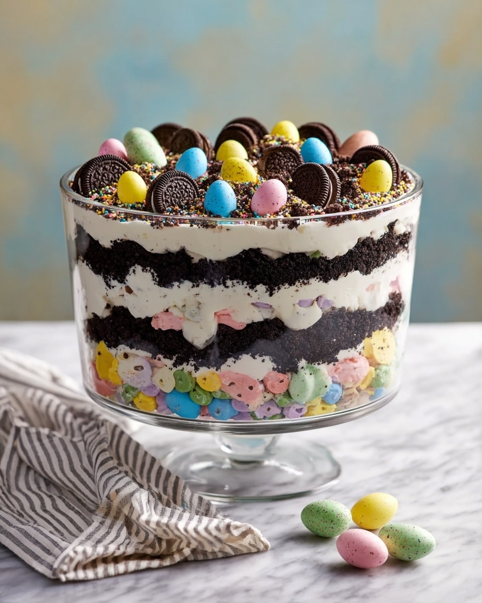 A clear glass trifle bowl shows a layered dessert with five visible layers starting from the bottom: dark brown crushed cookies, thick white cream with colorful candy pieces inside, dark brown crushed cookies, white cream with colorful candy pieces again, and a final thick layer of crushed cookies on top. The top is decorated with whole sandwich cookies and colorful speckled candy eggs in pink, yellow, blue, and green. The dessert sits on a white marbled surface with a striped pastel cloth nearby. The background is softly blurred with blue and light beige colors. Photo taken with an iphone --ar 4:5 --v 7