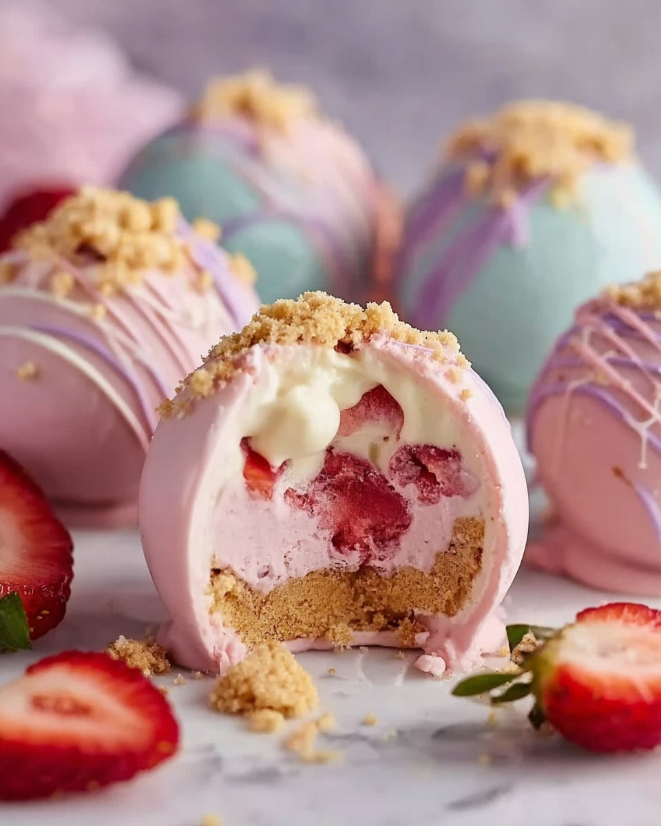 The image shows round dessert balls with a smooth, light pink shell on the outside placed on a white marbled surface. One dessert ball is broken open to reveal three layers inside: a bottom crumbly light brown layer, a middle thick pink cream mixed with fresh red strawberry pieces, and a top layer of white creamy filling that is slightly melting. Around the broken dessert, there are whole and sliced strawberries and small crumbs scattered. In the background, other dessert balls with pastel blue and pink shells and light purple drizzle can be seen softly out of focus. Photo taken with an iphone --ar 4:5 --v 7
