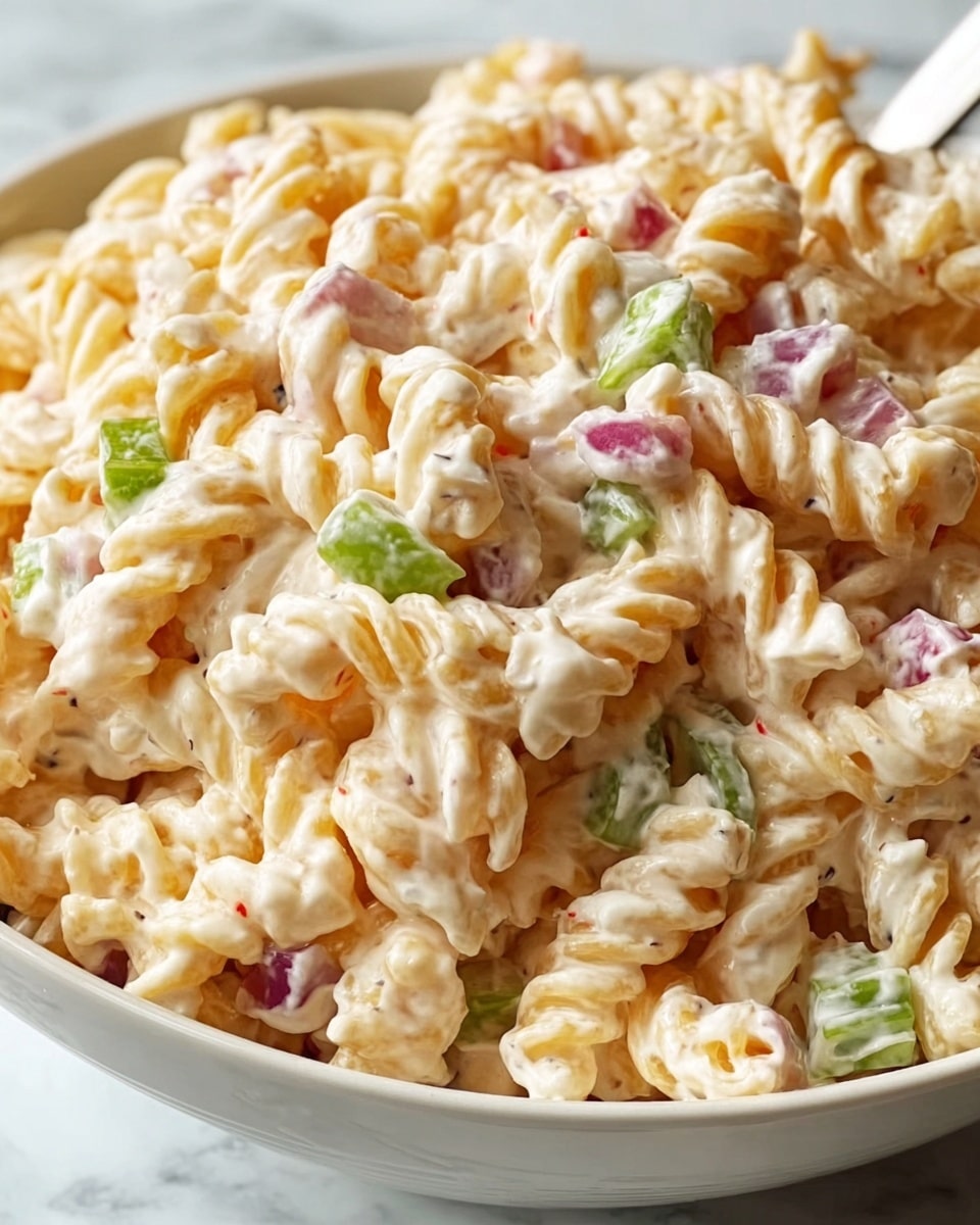 A close-up view of a bowl filled with creamy pasta salad made with spiral rotini pasta coated in a light orange creamy dressing. The salad includes small, visible pieces of red onion, diced celery in bright green, and small bits of red bell pepper, all mixed evenly throughout the pasta. The creamy dressing has a smooth texture with tiny black pepper specks scattered inside. The bowl is white and sits on a surface with a white marbled texture. A spoon is placed inside the bowl on the right side, slightly submerged in the salad. photo taken with an iphone --ar 4:5 --v 7