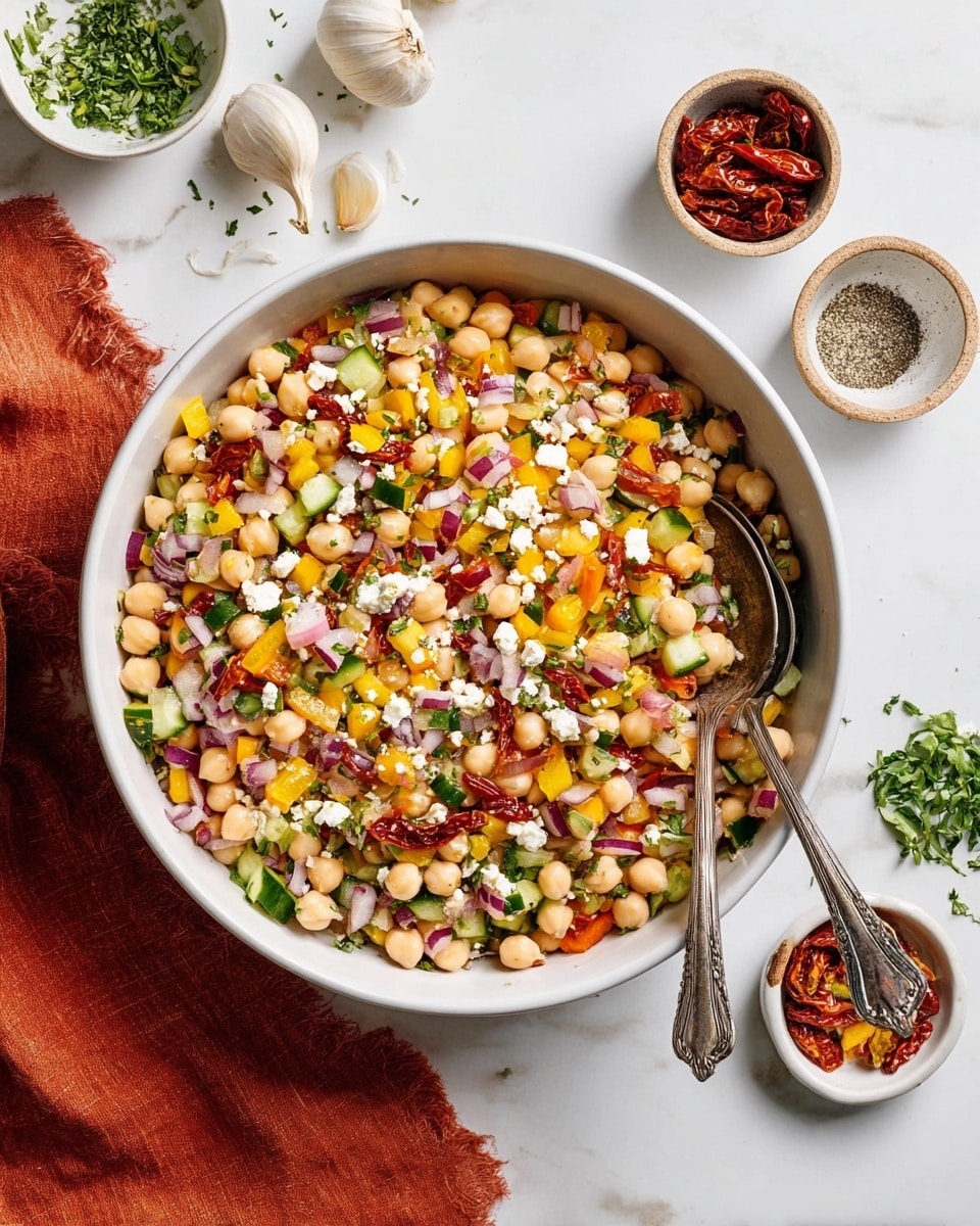 The image shows a white bowl filled with a colorful bean salad with about four layers of ingredients mixed together: pale beige chickpeas and white beans, small pieces of yellow and green chopped vegetables, red chopped tomatoes, and bits of white cheese sprinkled throughout. The salad has a fresh, chunky texture with visible herbs mixed in, giving it a speckled green look. A gold-colored spoon is placed inside the bowl, resting on the right side. The bowl sits on a white marbled surface with scattered green herb leaves and garlic cloves nearby, and part of an orange cloth is visible in the lower right corner. Another bowl of the same salad is partially visible at the top right. Photo taken with an iphone --ar 4:5 --v 7