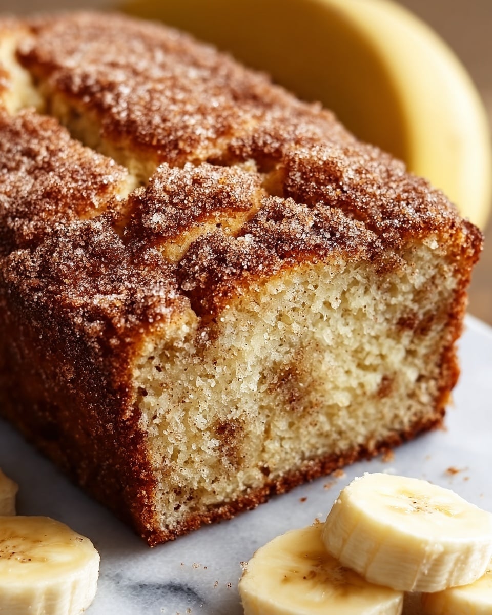A close-up of a soft, moist loaf cake with a golden-brown crust, topped with a thick layer of cinnamon sugar that forms a rough, sparkly texture. The inside is pale yellow with small specks of cinnamon, showing a tender and slightly crumbly texture. The cake is cut to show an even slice with a few crumbs scattered around. In the foreground, there are slices of banana resting on a white marbled surface, adding a fresh element to the scene. photo taken with an iphone --ar 4:5 --v 7