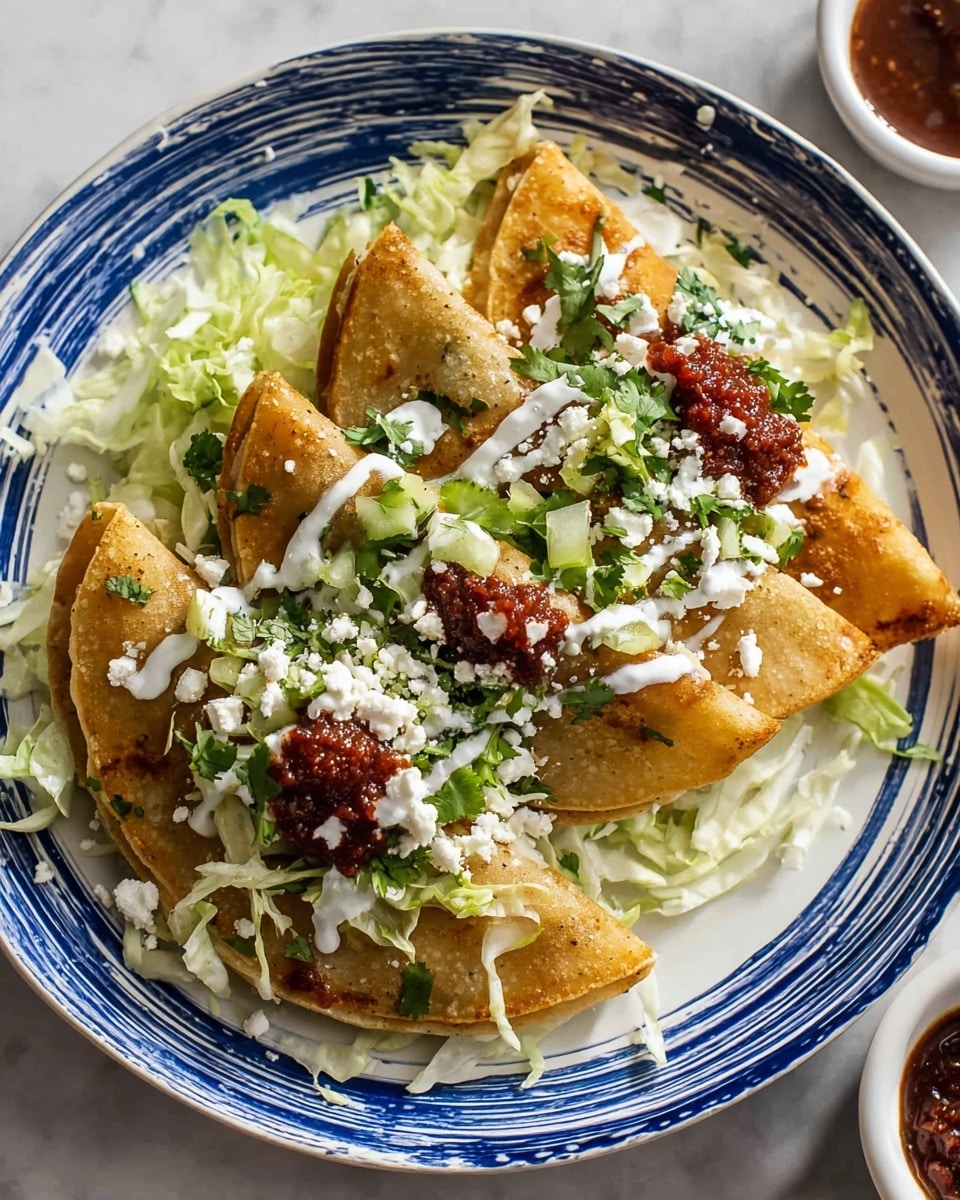 Two golden-brown folded tacos sit on a bed of shredded light green lettuce, all placed on a white plate with blue patterns. The tacos have a crispy texture and are topped with white creamy sauce, a small line of red-brown salsa, and fresh bright green cilantro leaves. Crumbled white cheese is sprinkled over the tacos and lettuce, giving a slight grainy texture. The plate rests on a white marbled surface. Photo taken with an iphone --ar 4:5 --v 7