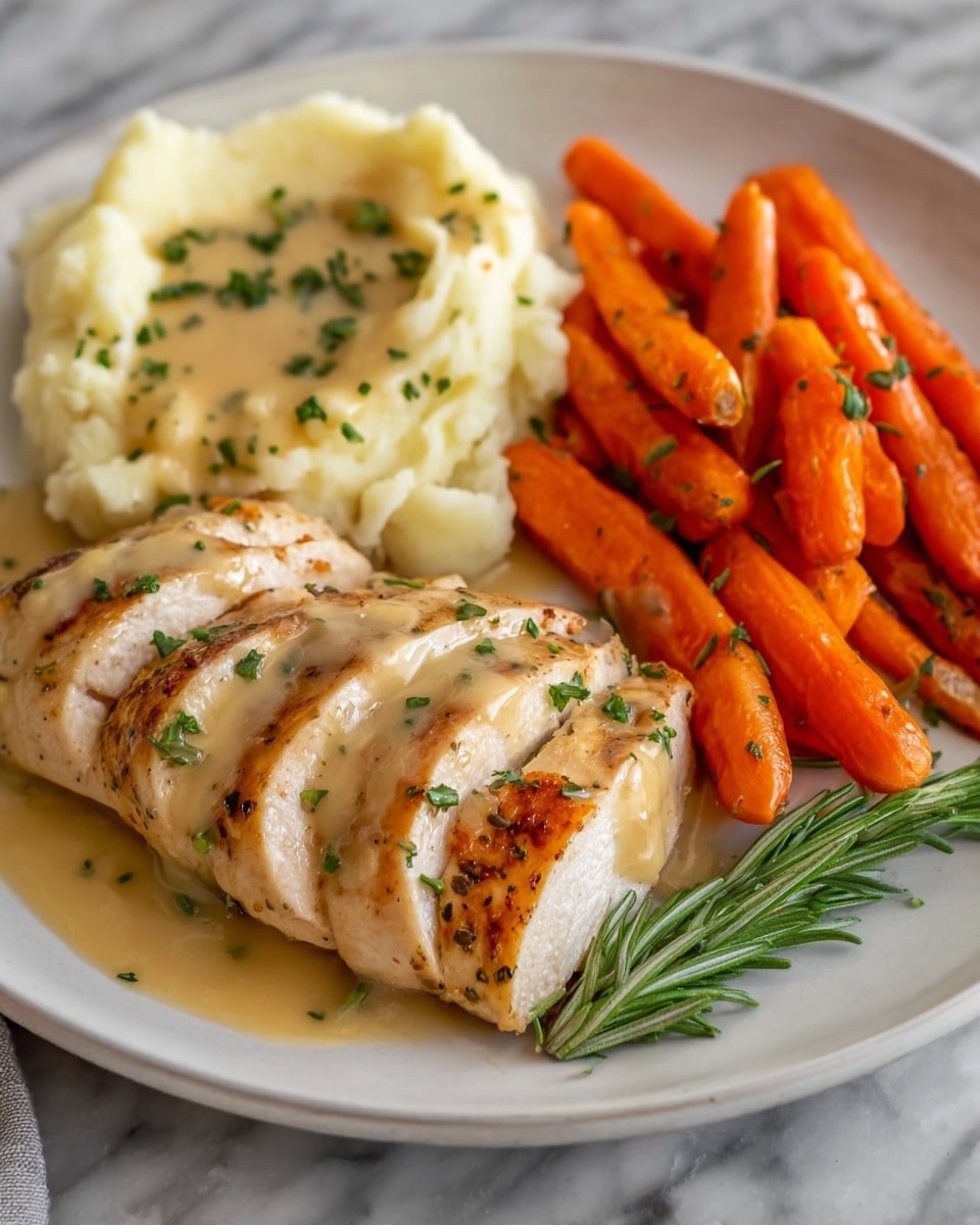 On a white plate with a dotted edge, there is a visually balanced dish with three main parts. On the bottom right, three thick slices of golden brown roasted chicken breast sit in a creamy light brown gravy, showing a slightly crispy outer texture and juicy inside. Behind the chicken, towards the top right, is a pile of bright orange glazed baby carrots, sprinkled with green herbs, looking tender and shiny. On the left side of the plate, there is a smooth mound of creamy mashed potatoes with a small well in the center filled with the same gravy, garnished with a sprig of fresh green rosemary. A full sprig of rosemary lies beside the chicken on the bottom right edge, adding color and detail. The background is a white marbled texture. photo taken with an iphone --ar 4:5 --v 7