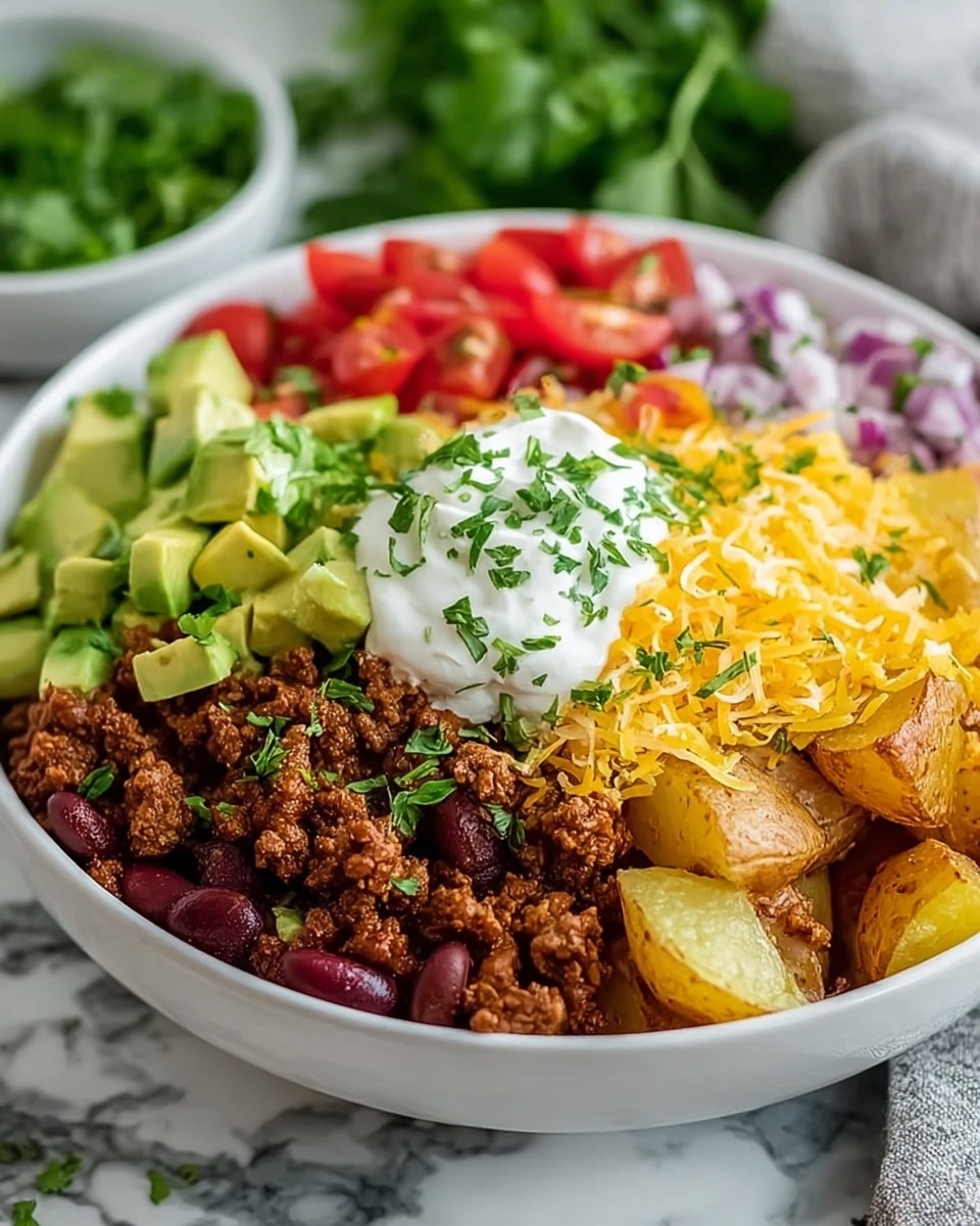 A white bowl filled with five distinct layers arranged side by side, starting with golden roasted potatoes on the bottom right, followed by dark brown ground meat mixed with kidney beans covering the bottom center, then topped with bright yellow shredded cheddar cheese in the middle. On the top left, there is light green diced avocado, and on the top right, fresh red diced tomatoes mixed with small pieces of purple onion and green scallions. In the center of the bowl is a dollop of white sour cream sprinkled with finely chopped green herbs. The bowl is placed on a white marbled surface with a blurred background containing greenery and another bowl with green contents. photo taken with an iphone --ar 4:5 --v 7
