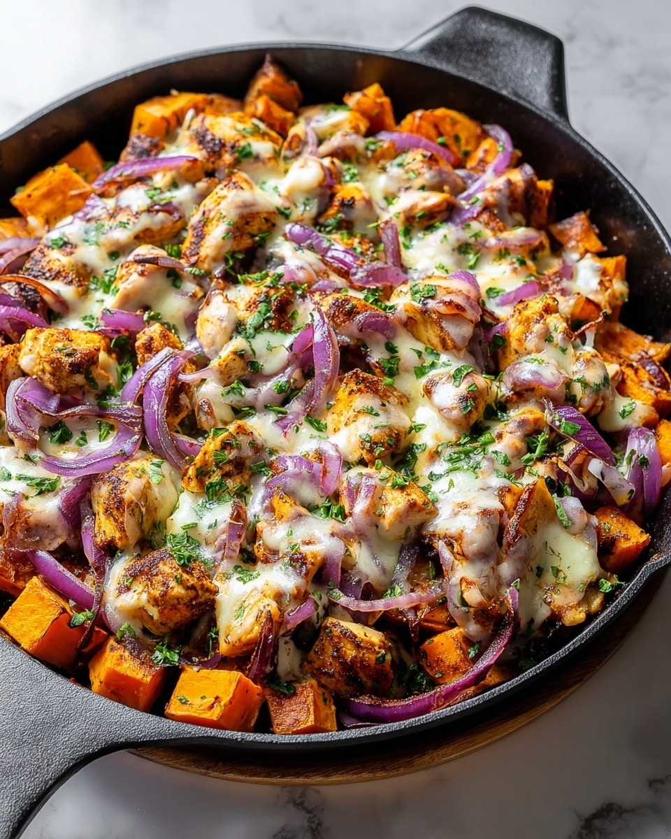 A close-up image of a black cast iron skillet filled with a colorful layered dish. The bottom layer consists of golden-orange roasted sweet potato cubes, topped with browned grilled chicken pieces that have a slightly crispy texture. Scattered throughout are thin slices of purple-red onion that add color contrast. Melted cheese is draped over the chicken and onions, showing creamy white patches with a slight golden brown edge. Fresh green chopped herbs are sprinkled evenly on top, adding a vibrant touch. The skillet sits on a soft gray cloth on a white marbled surface. photo taken with an iphone --ar 4:5 --v 7