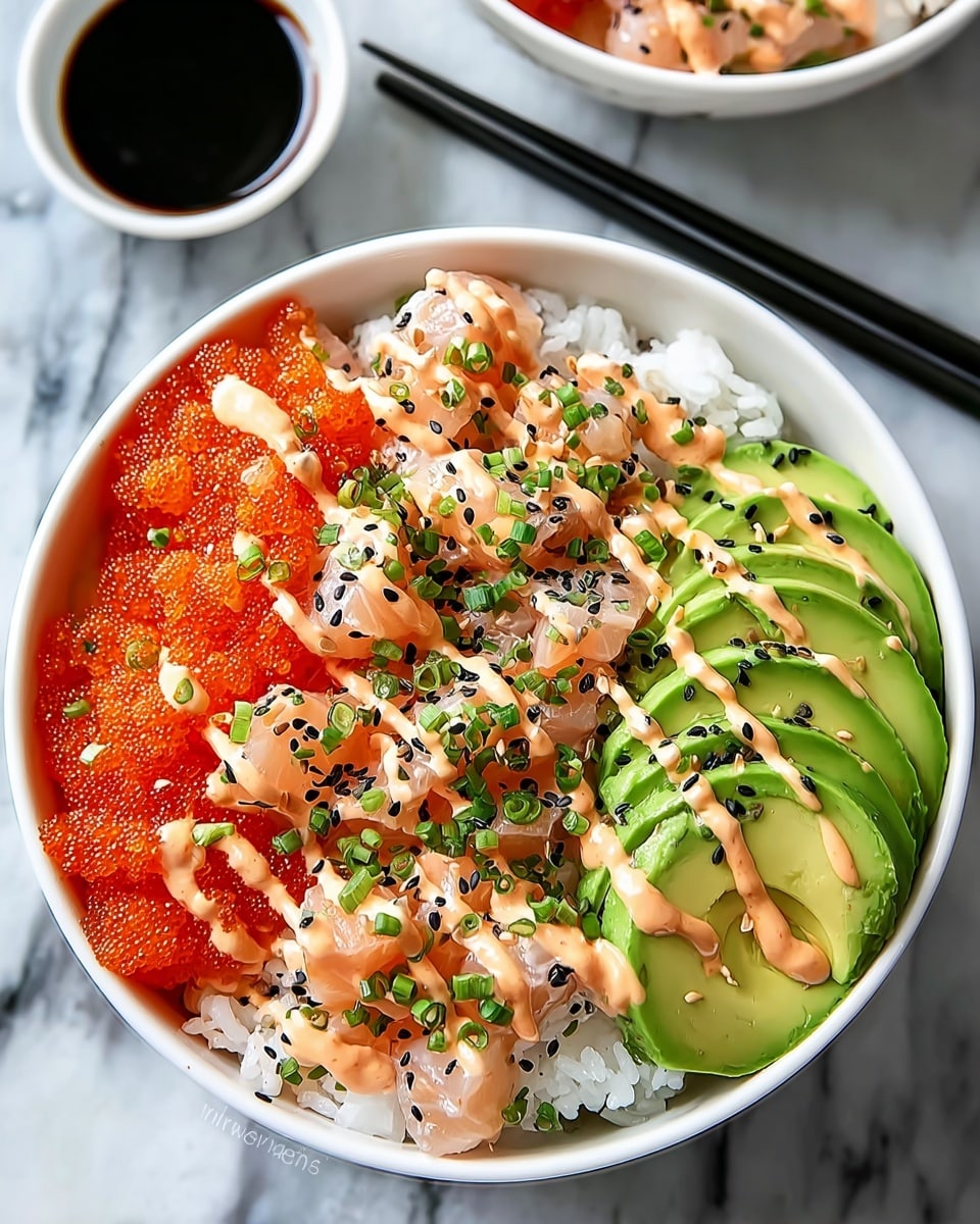 A white bowl filled with a base layer of white rice topped with neatly sliced cucumber pieces and chopped crab sticks arranged on one side. Pickled pink ginger is placed in a small mound near the edge. The dish is drizzled with creamy light orange sauce in diagonal lines covering most of the top. Black sesame seeds and small orange fish roe are sprinkled evenly over everything. Small green chopped chives are scattered as a final garnish. The bowl sits on a white marbled texture surface. photo taken with an iphone --ar 4:5 --v 7