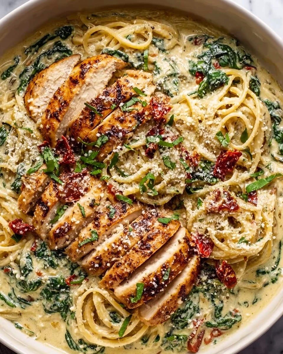 A stainless steel pan sits on a white marbled surface filled with creamy yellow sauce containing pieces of cooked chicken, bright green spinach leaves, and scattered dark red sun-dried tomatoes throughout. The sauce is speckled with red pepper flakes adding texture and color contrast. To the left side of the pan, there are two small wooden bowls, one with shredded white cheese and the other with dark red sun-dried tomatoes. On the right side of the pan, a wooden spoon rests on the white marbled surface, holding chopped translucent onion bits in oil. The scene is brightly lit, showing a fresh and rich-looking creamy dish. photo taken with an iphone --ar 4:5 --v 7