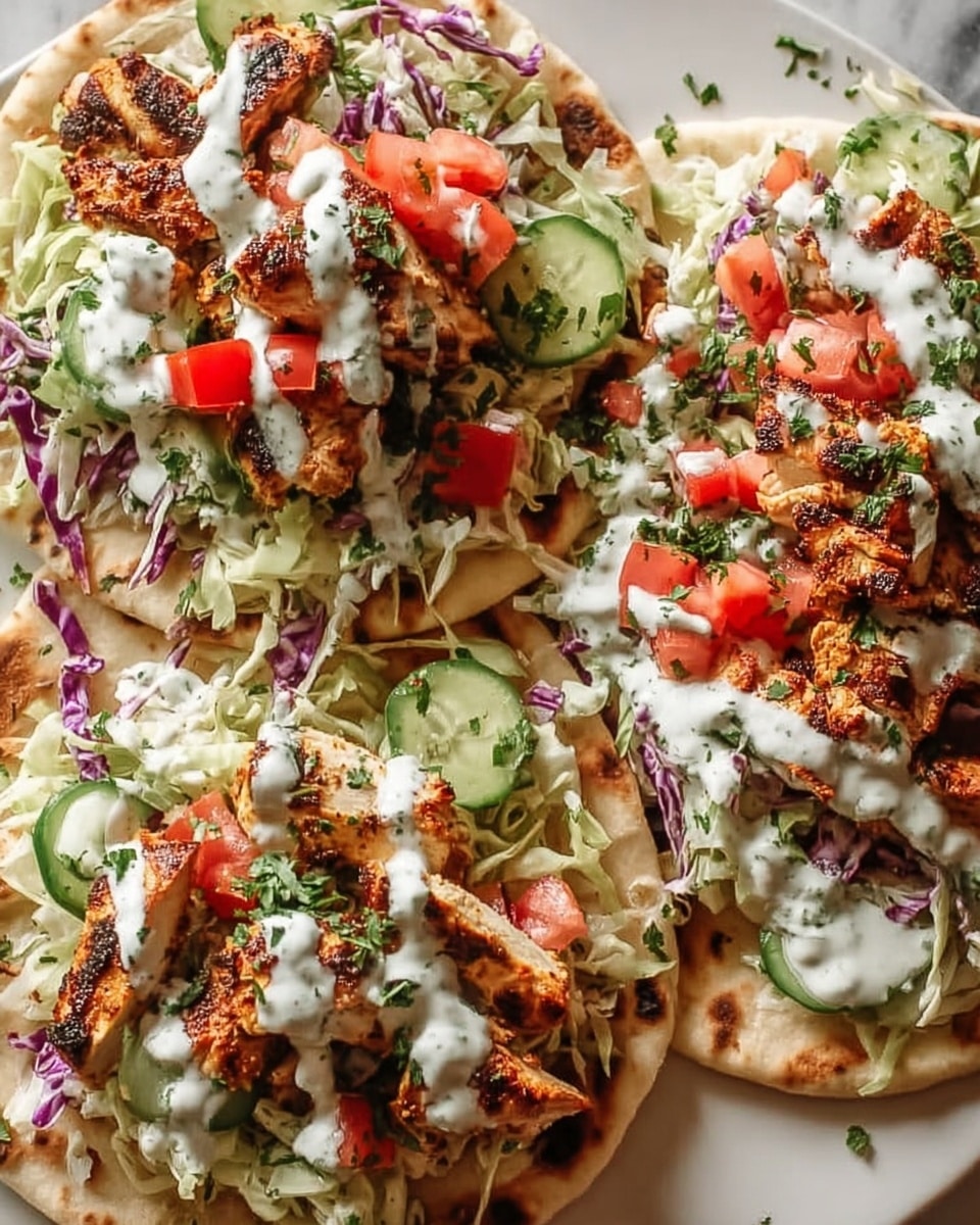 Three open flatbread sandwiches are placed on a white marbled surface, each layered with a base of light golden flatbread. On top is a mix of shredded green and purple cabbage, adding a crunchy texture and vibrant color. Pieces of grilled, browned chicken with a slightly charred look sit over the cabbage. Scattered diced red tomatoes and small chunks of green cucumber add freshness and color against the chicken. The sandwiches are finished with a drizzle of thick white creamy sauce, speckled with green herbs, and a sprinkle of finely chopped fresh green dill, creating an appetizing contrast of textures and colors. photo taken with an iphone --ar 4:5 --v 7
