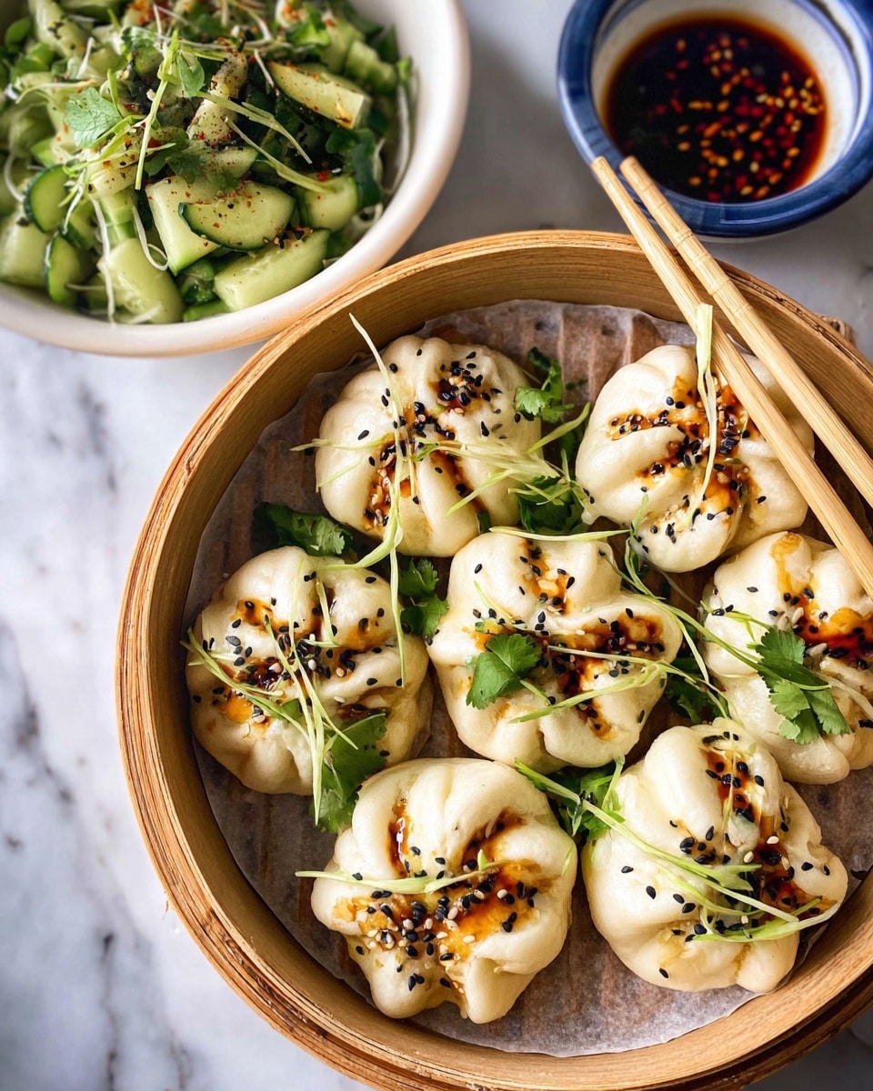 A round bamboo steamer lined with light brown parchment paper holds seven white steamed buns with a soft, folded texture and pleated tops. The buns have a light golden brown sauce brushed on parts of the surface, with scattered black and white sesame seeds and green cilantro leaves placed on and around them. Thin light green vegetable strands rest on top as garnish. Wooden chopsticks lay diagonally on the steamer’s edge. Behind it, a white bowl contains a salad made of green cucumber pieces, dark soy sauce or chili oil, black sesame seeds, and green herbs. A small white bowl with a blue rim holds dark reddish sauce. All items sit on a white marbled surface. Photo taken with an iphone --ar 4:5 --v 7