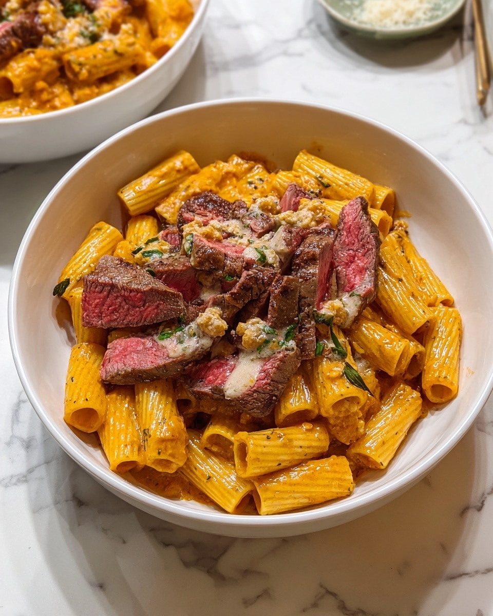 A white bowl filled with rigatoni pasta coated in an orange-red sauce with visible herbs and spices. On top of the pasta, there are several slices of medium-rare steak, showing a pink center and a browned outer edge, layered with a creamy, slightly chunky green herb sauce. The bowl sits on a white marbled surface, and in the background, part of another white bowl with the same pasta is visible. photo taken with an iphone --ar 4:5 --v 7