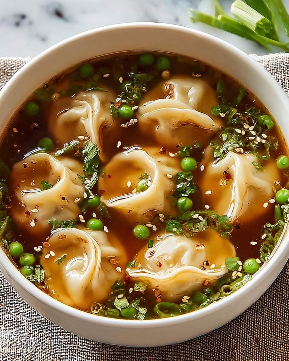 A white bowl filled with clear brown broth containing eight dumplings with soft, slightly ruffled edges floating on top. Each dumpling is light beige with a smooth texture, partially submerged in the broth. Scattered green chopped scallions and small sprigs of cilantro float on the surface, adding bright green spots. Tiny black sesame seeds are sprinkled over the dumplings and broth. The bowl rests on a white marbled surface, with a blue cloth partially visible beside it. photo taken with an iphone --ar 4:5 --v 7