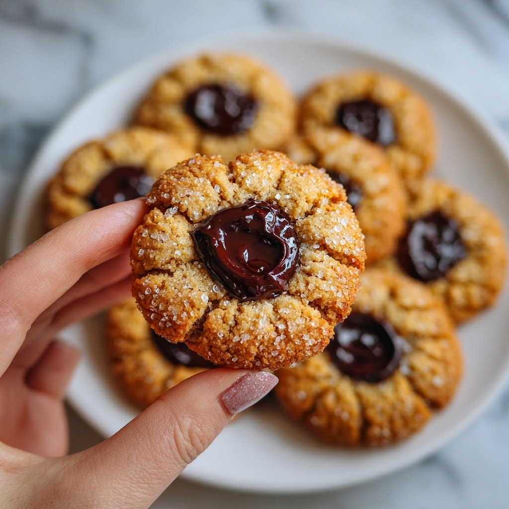 The image shows a close-up of a round cookie with three visible layers: the outer layer is a golden-brown cookie dough with a slightly cracked and grainy texture sprinkled with sugar crystals; the middle layer is a bitten part revealing a softer crumbly inside; the center is a smooth, dark chocolate dollop with a glossy finish, shaped like a small peak. The cookie is held by a woman's hand with natural nails, and in the background, several similar cookies are arranged on a white plate placed on a white marbled surface. photo taken with an iphone --ar 4:5 --v 7