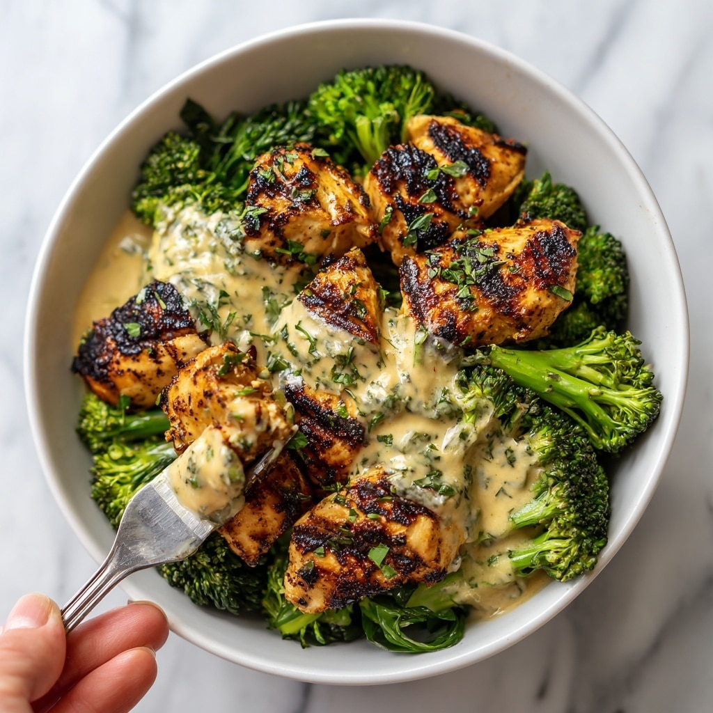 A white bowl filled with steamed bright green broccoli florets on the bottom and grilled chicken pieces on top, each chicken piece showing a crispy, charred texture with dark grill marks. The bowl is generously covered in a creamy white garlic sauce with flecks of herbs, some sauce dripping from a piece of chicken held above the bowl with black chopsticks by a woman's hand. The bowl is placed on a white marbled surface. photo taken with an iphone --ar 4:5 --v 7