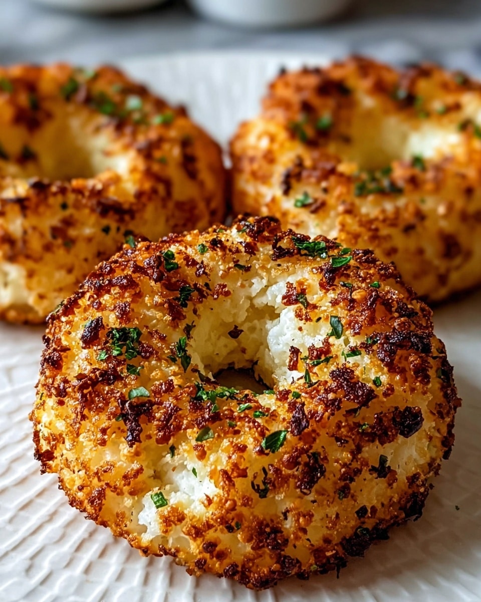 Three golden-brown bagels sit on a white plate with a slightly textured surface. Each bagel has a crispy, toasted outer layer speckled with small bits of browned crust and green herb flecks, giving a rough texture. The bagels have a soft, light interior visible around the hole in the center. The background is a white marbled texture, and the focus is sharp on the front bagel, with the other two slightly blurred behind it. Photo taken with an iphone --ar 4:5 --v 7