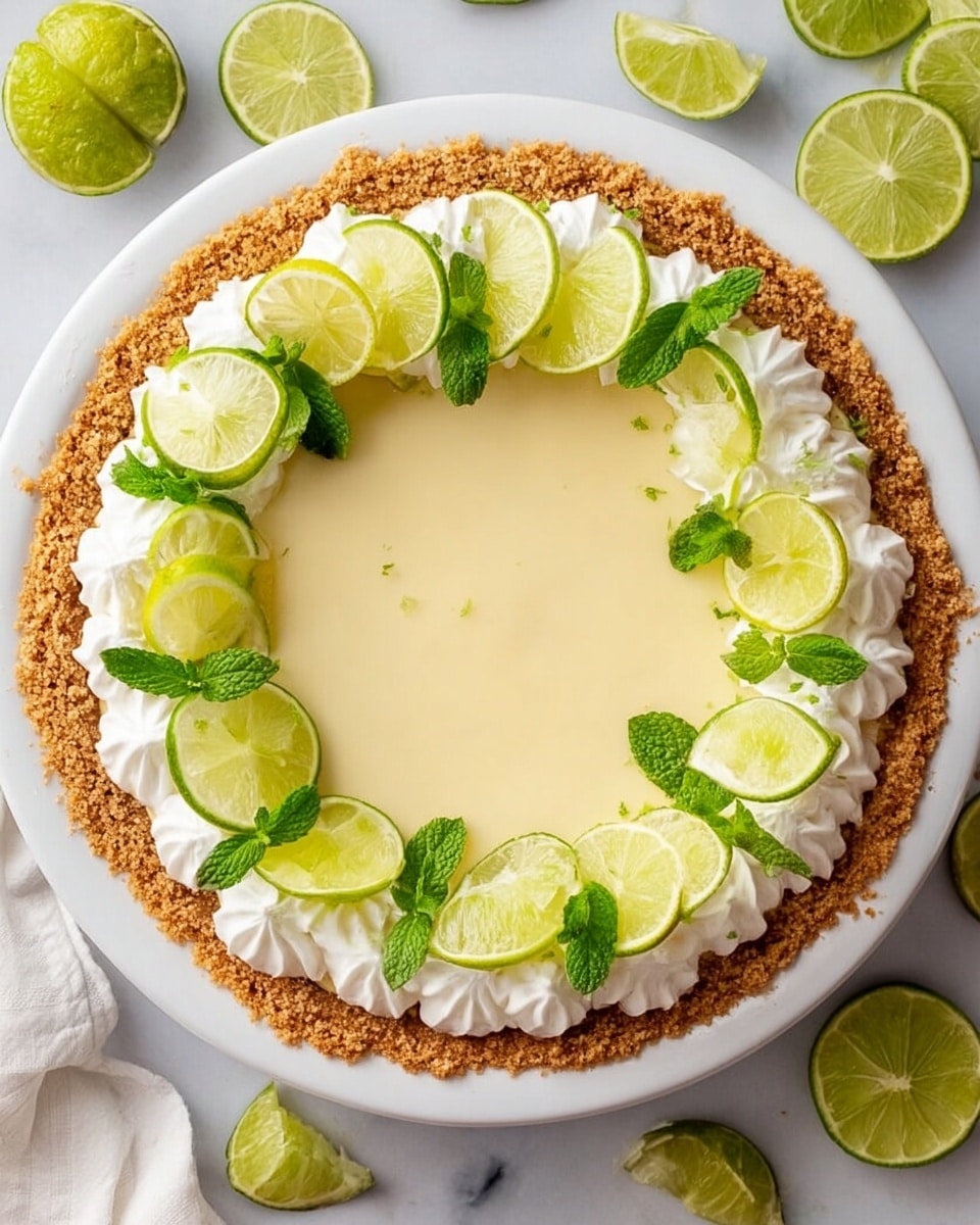 A round key lime pie sits on a white plate, placed on a white marbled surface. The pie has a crumbly light brown crust as the bottom layer, topped with a smooth, pale yellow creamy filling that fills most of the pie. Around the edge of the filling is a ring of white whipped cream, piped in soft peaks. On top of the whipped cream, thin slices of bright green lime are arranged close together, some slightly overlapping, with small sprigs of fresh green mint leaves scattered evenly. The overall look is fresh and vibrant, with a mix of soft and crisp textures. Photo taken with an iphone --ar 4:5 --v 7
