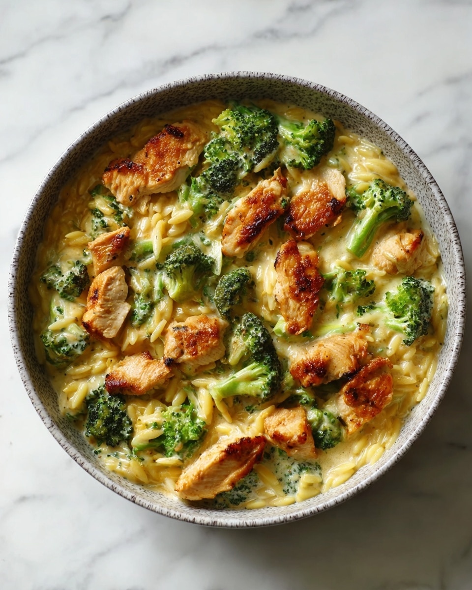 A bowl filled with creamy orzo pasta mixed with bright green broccoli florets and golden-brown grilled chicken chunks evenly spread throughout; the orzo has a smooth, cheesy texture with a light yellow color, while the broccoli pieces add a fresh green contrast and the chicken chunks show a slightly crispy, browned surface, all sitting inside a rustic light gray bowl on a white marbled texture surface. photo taken with an iphone --ar 4:5 --v 7