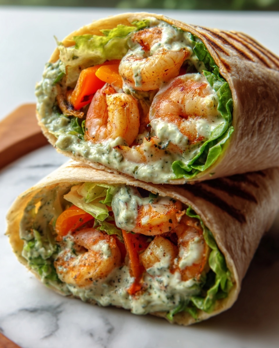 Three grilled shrimp wraps are stacked on a white plate. Each wrap is made with a light brown toasted tortilla that has dark grill marks. Inside, there are green lettuce leaves forming a fresh base, topped with orange-red grilled shrimp with visible char marks. Small chunks of red tomato and a creamy light green sauce are layered around the shrimp and lettuce. The texture looks fresh and lightly grilled, with the sauce slightly dripping inside. The background is a white marbled texture. photo taken with an iphone --ar 4:5 --v 7