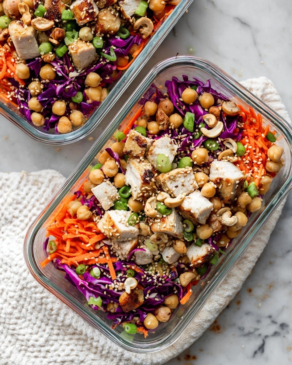 A large wooden bowl filled with a colorful salad sits on a white marbled surface. The salad has several layers, starting with bright orange shredded carrots and deep purple chopped cabbage. On top of this, there are golden chickpeas scattered evenly, with pieces of grilled chicken that have a light brown sear and white inside. Small green slices of green onion and broken cashew nuts add extra color and texture all over. Two wooden spoons are placed inside the bowl, one partly resting on the side. In the top right corner, a wooden bowl with more cashews is partially shown. Photo taken with an iphone --ar 4:5 --v 7