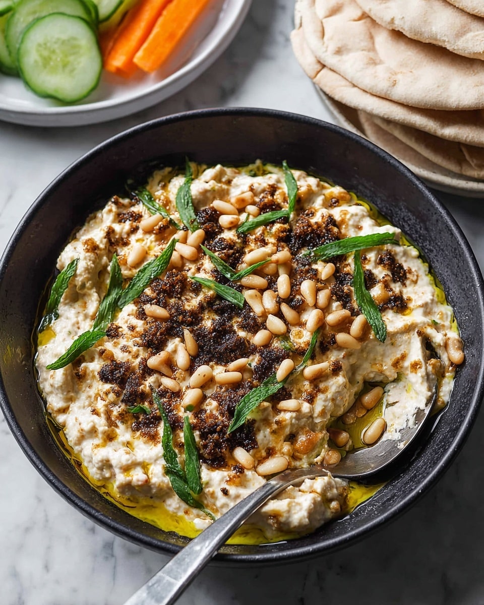 A close-up of a black bowl filled with creamy hummus with a slightly chunky texture, topped with a swirl of golden olive oil, toasted pine nuts, and dark brown, finely ground spices scattered evenly across the surface; there are thin strips of fresh green herbs sprinkled on top. To the back left, a white plate holds several green cucumber halves and cut orange cherry tomatoes. On the right, folded flatbread with light brown spots rests partially covered by a gray cloth. The scene is set on a white marbled surface. Photo taken with an iphone --ar 4:5 --v 7