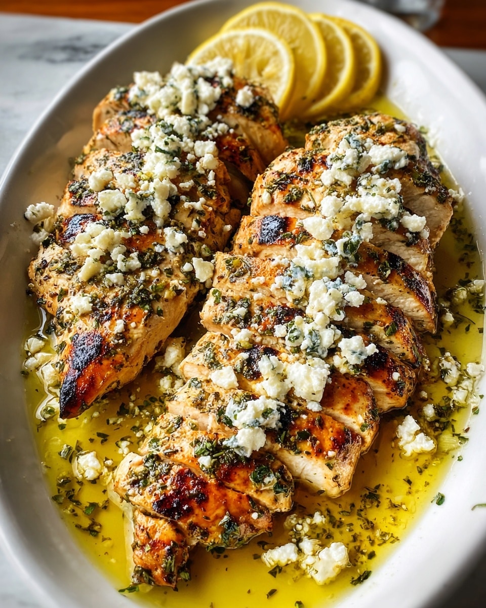 The image shows two grilled chicken breasts sliced and arranged side by side on a white oval dish. Each chicken breast is seasoned with green herbs and speckled with char marks, showing a golden brown and slightly crispy surface. Crumbled white cheese is generously scattered over the top of both chicken breasts, adding a crumbly texture. The dish is surrounded by a bright yellow, oily sauce pooled at the bottom, enhancing the look of juiciness. Two lemon slices rest at the back edge of the dish, adding a fresh yellow pop of color. The photo is taken on a white marbled surface and has a warm, close-up focus with a softly blurred background, photo taken with an iphone --ar 4:5 --v 7