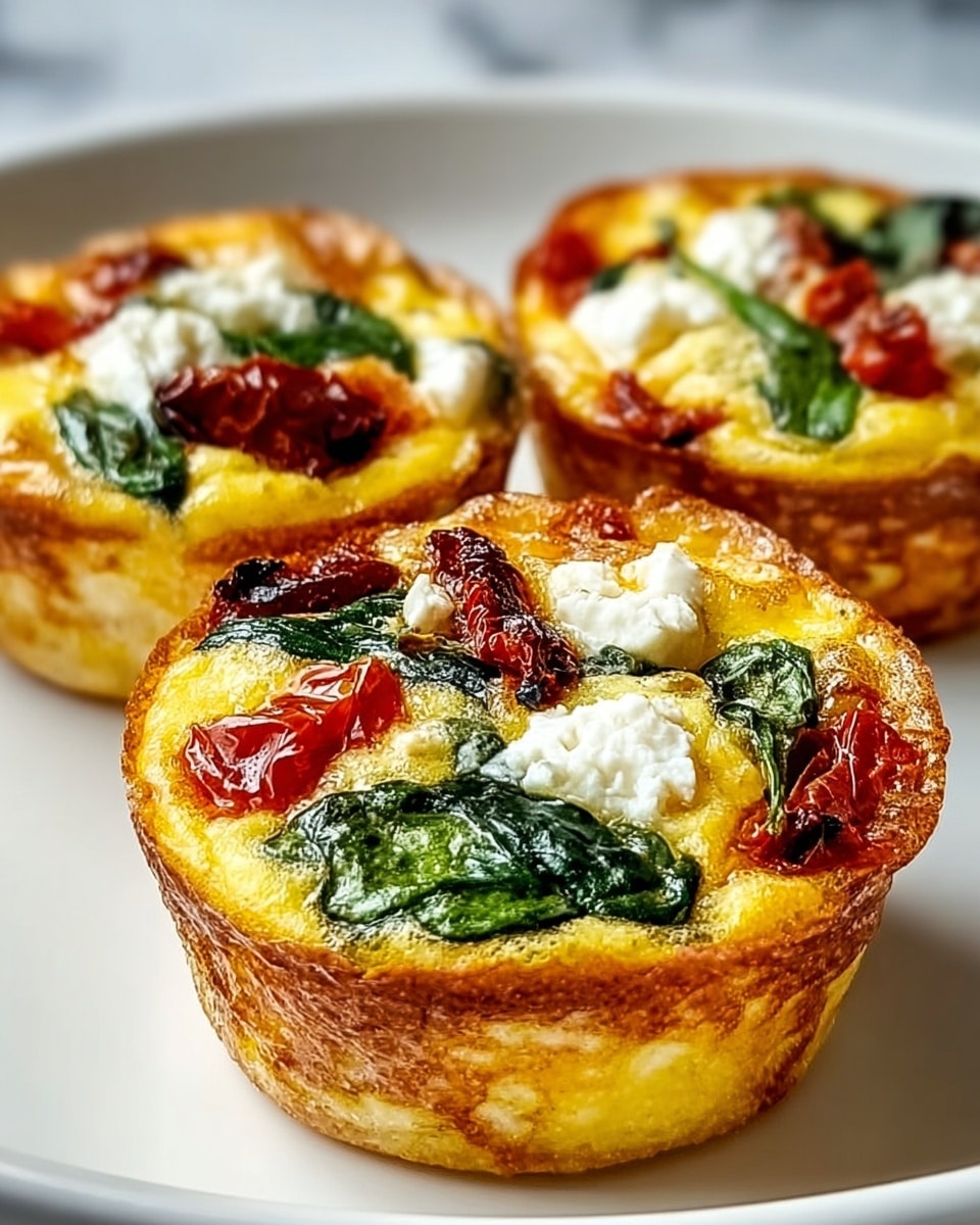 Three small egg muffins sit on a white plate over a white marbled surface. Each muffin has a thick, golden-brown crust forming the outer layer with a slightly crispy texture. Inside, the bright yellow cooked egg fills the base. On top, there are several green spinach leaves, soft white cheese dollops, and pieces of red sun-dried tomatoes scattered evenly, adding color and texture contrast. The muffins are evenly baked and have a slightly shiny surface. The photo taken with an iphone --ar 4:5 --v 7