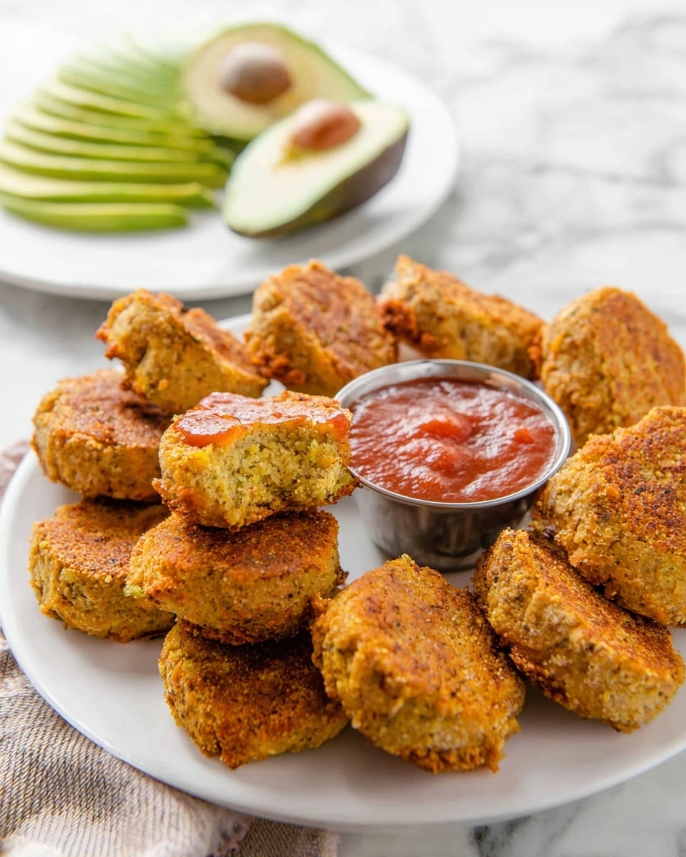 A white plate holds around fifteen golden-brown, crispy falafel patties arranged standing up and leaning slightly against each other in a crescent shape. In the center of the plate is a small silver cup filled with thick, bright red dipping sauce, with one falafel dipped halfway in. In the background on a white plate, there are slices of avocado layered with light cream cheese, and a halved avocado with its brown seed visible sits on a white marbled surface. Photo taken with an iphone --ar 4:5 --v 7