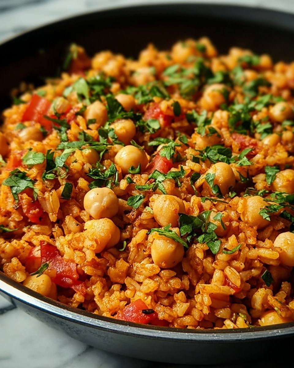 A close-up view of a cooked dish in a black pan filled with several layers of textured ingredients: the base layer consists of cooked rice grains tinted orange with spices, mixed evenly with round, light beige chickpeas and small pieces of bright red tomatoes. On top, scattered fresh green chopped herbs add a vibrant, fresh contrast. The scene captures the moist and slightly oily texture of the rice and chickpeas, shining under soft lighting, with the pan edge visible around the dish, all placed on a white marbled surface. Photo taken with an iphone --ar 4:5 --v 7