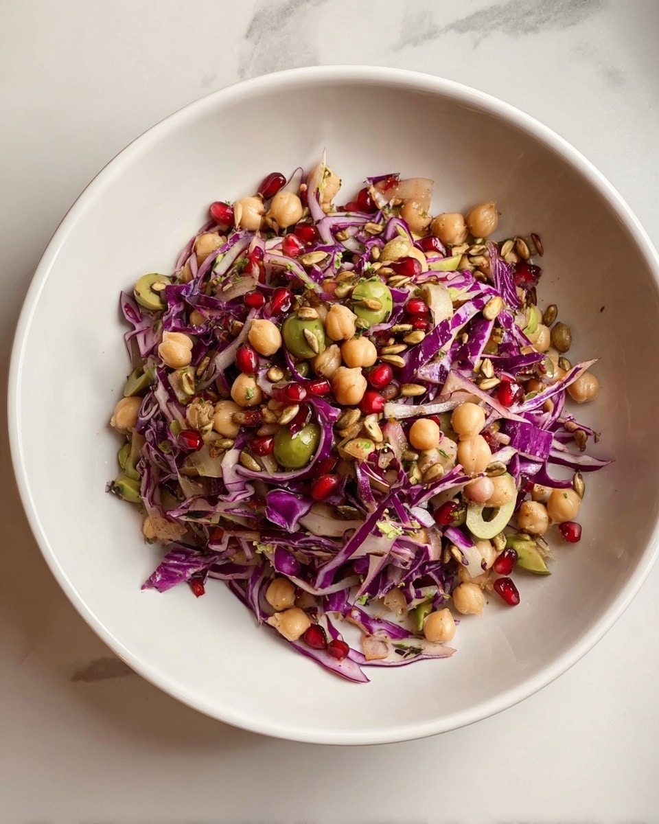 A colorful chickpea salad sits in a white bowl on a white marbled surface. The dish contains three main layers mixed together: plump, light beige chickpeas forming the bulk; thin strips of bright purple cabbage adding vibrant color; and sliced green olives scattered throughout. Small red pomegranate seeds create tiny pops of color on top while sunflower seeds add a rough, crunchy texture. Bits of fresh green parsley leaves are mixed in, giving a fresh look. The salad has a glossy finish, suggesting it is dressed lightly. Photo taken with an iphone --ar 4:5 --v 7