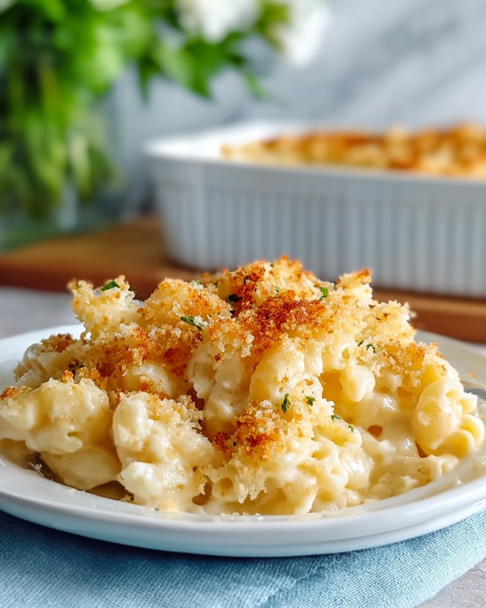 A close-up of a serving being lifted with a spoon from a white round dish filled with macaroni and cheese, showing three main layers: the bottom layer of creamy, smooth, pale yellow macaroni pasta, the middle layer with melted stretchy cheese strings, and the top layer of golden brown toasted breadcrumbs with a slightly crispy texture, all resting on a white marbled surface. Photo taken with an iphone --ar 4:5 --v 7