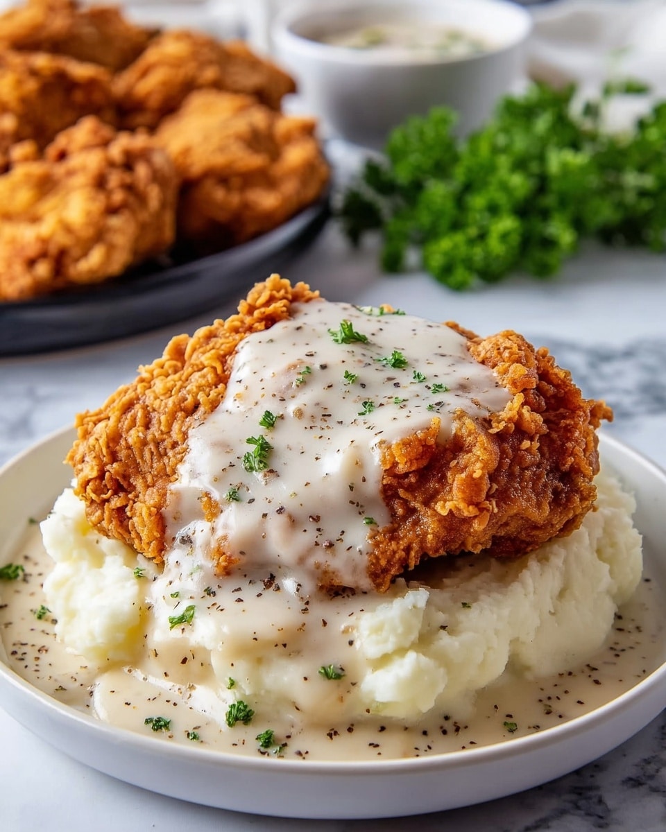 The image shows a close-up of a white plate with two main layers: the bottom layer is a smooth, creamy white mound of mashed potatoes forming a soft base, while the top layer is a large piece of crispy, golden-brown fried chicken with a rough, crunchy texture. On top of the chicken, a thick, white gravy with specks of black pepper and small green herb bits is poured generously, covering part of the crispy surface. In the blurred background, there is a white bowl of additional gravy and a black plate with more fried chicken, all set on a white marbled surface with some green parsley adding a fresh touch. photo taken with an iphone --ar 4:5 --v 7