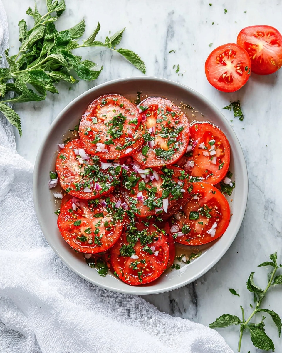 A white bowl holds a salad made of seven round, bright red tomato slices arranged in an overlapping circle. The tomato slices are topped with finely chopped green herbs and small pieces of red onion, giving a fresh, colorful look. The salad appears dressed with a light, shiny vinaigrette that coats the tomatoes and herbs. Around the bowl on a white marbled surface are two tomato halves showing their juicy interiors, and scattered fresh green herb leaves. A white cloth is placed near the bottom edge of the image, enhancing the fresh and clean feel. Photo taken with an iphone --ar 4:5 --v 7