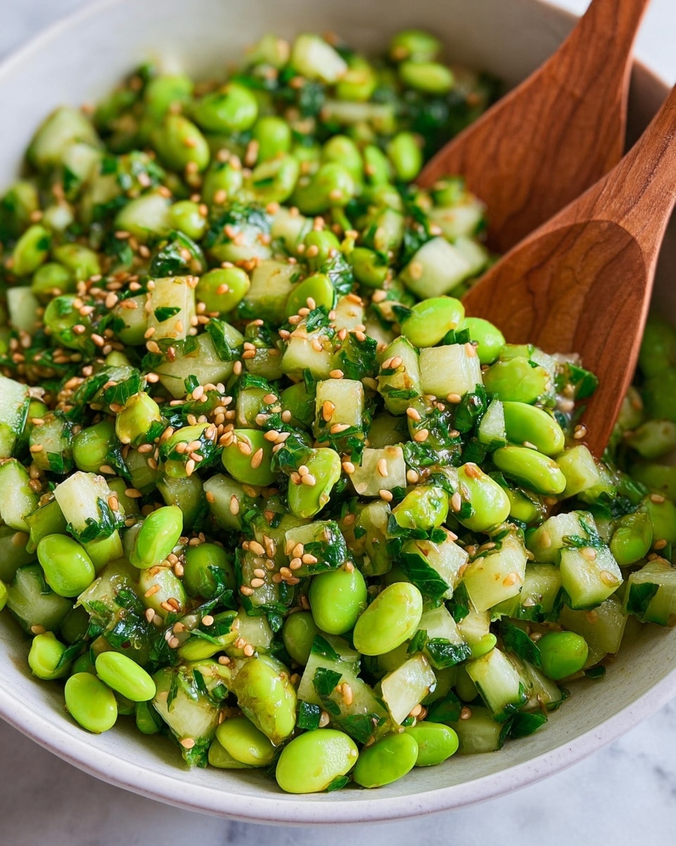 A white bowl filled with a fresh salad consisting of bright green edamame beans and small, light green cucumber cubes mixed evenly with chopped cilantro and sprinkled generously with light brown sesame seeds. The salad has a fresh, slightly wet look from a light dressing. On the left side, a wooden spoon is partially visible, resting inside the bowl, contrasting with the bright green ingredients. The background is a white marbled texture. photo taken with an iphone --ar 4:5 --v 7
