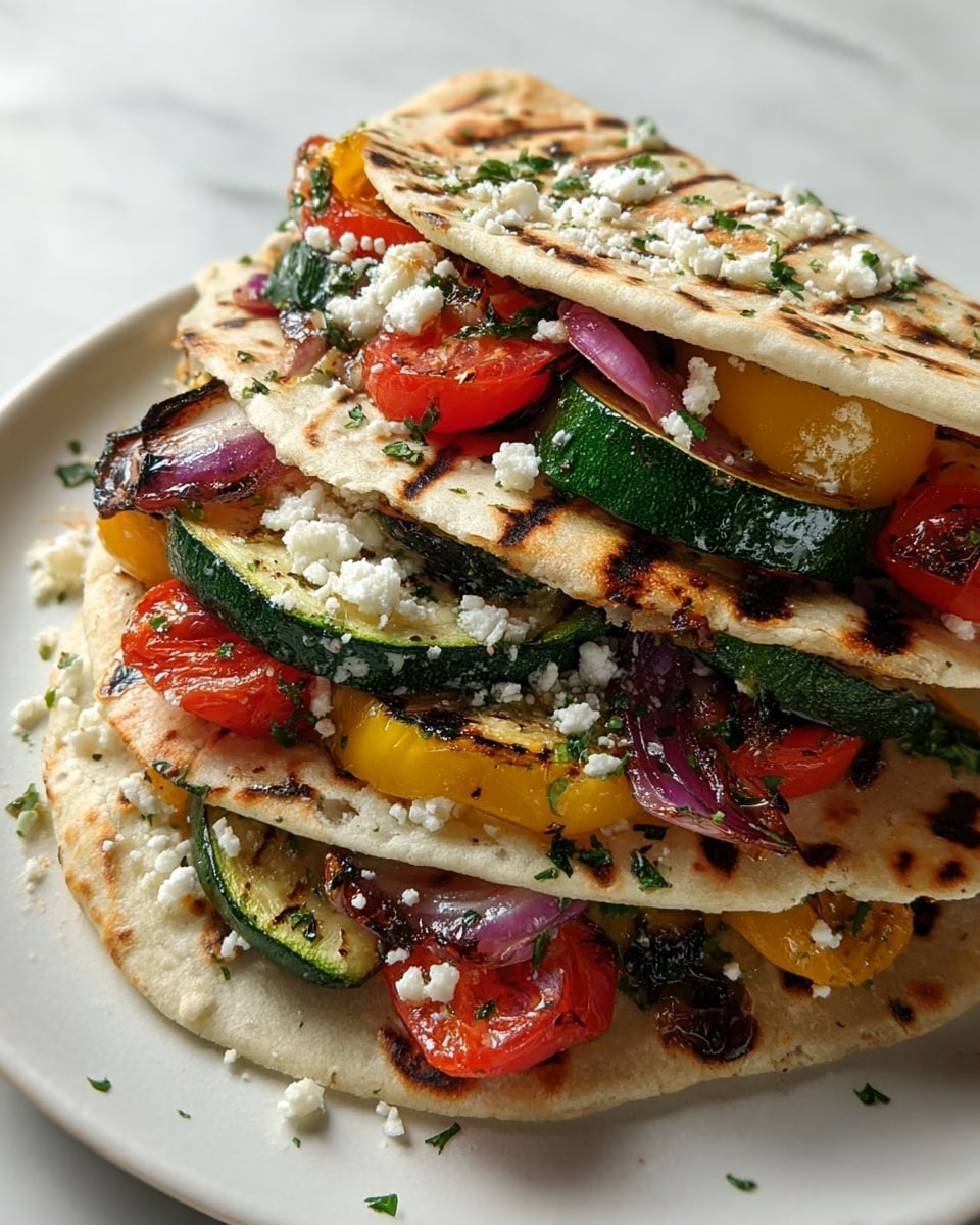 Stacked three grilled flatbreads folded like tacos on a white plate, each flatbread showing a slightly charred, golden-brown surface with rough texture. Inside each flatbread, there are layers of vibrant grilled zucchini slices showing green skin and pale yellow flesh, chunks of bright red roasted cherry tomatoes, pieces of caramelized purple-red onion, and a sprinkle of white crumbly cheese scattered throughout. Some green herbs are lightly sprinkled over the top, adding flecks of green contrast. The background surface is a white marbled texture. photo taken with an iphone --ar 4:5 --v 7
