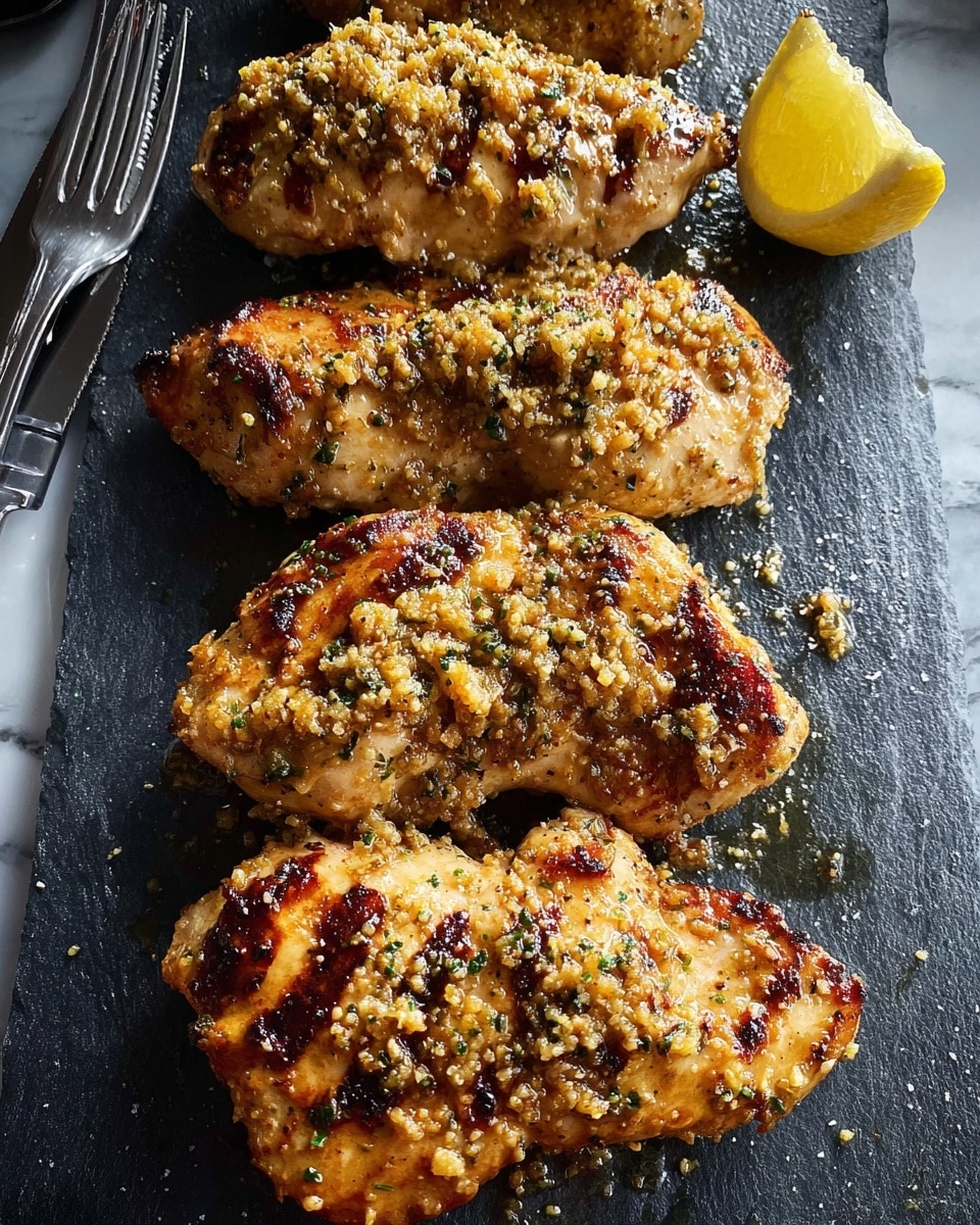 Four pieces of grilled chicken are arranged in a row on a dark gray stone slab, each piece showing a golden brown color with char marks and covered in a coarse, crumbly garlic and herb topping that adds texture and color contrast. A lemon half is placed in the upper right corner of the stone slab. The stone slab sits on a white marbled surface, and there is a fork with a black handle on the left side of the slab. The lighting highlights the glossy, slightly oily surface of the chicken. Photo taken with an iphone --ar 4:5 --v 7