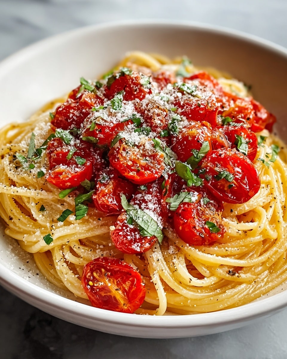 A white bowl holds a nest of golden yellow spaghetti pasta, twisted into one main layer that creates a soft spiral shape. Scattered on top are bright red, roasted cherry tomato halves with a slightly wrinkled texture, adding vivid color and juiciness. Over the tomatoes and pasta, there is a light dusting of finely grated white cheese, which sparkles under the light. Small green basil leaves are chopped and sprinkled evenly across the dish, adding a fresh contrast. The pasta also shows tiny black specks of ground pepper spread throughout. The bowl sits on a surface with white marbled texture. photo taken with an iphone --ar 4:5 --v 7